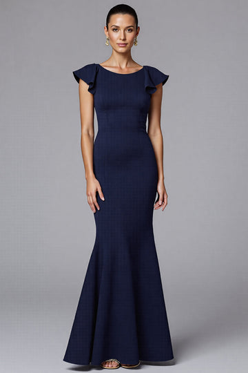 Navy Mermaid Satin Long Formal Dress with Ruffles
